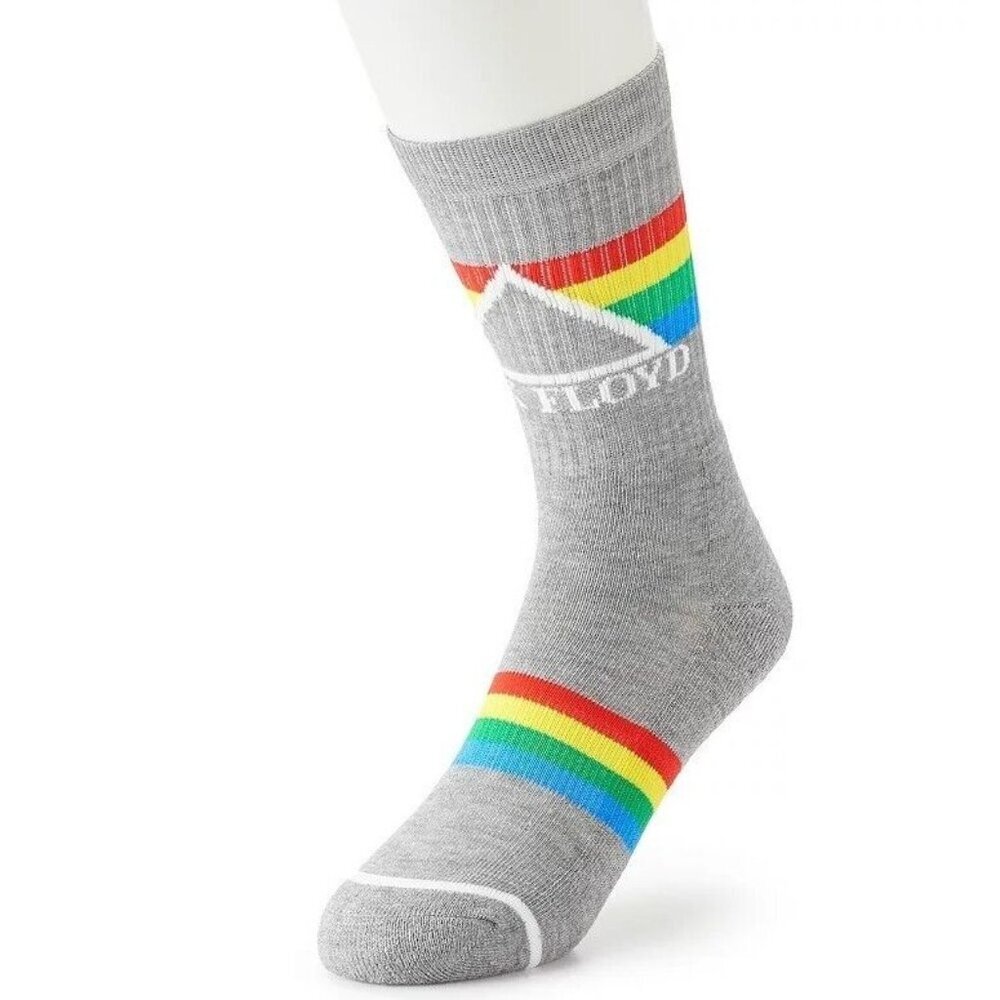 Pink Floyd Dark Side Of The Moon Crew Socks Gray Rainbow Stripe Size 9-13 NWT